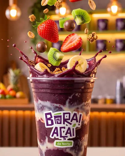 Açaí cremoso em close, com frutas espirrando