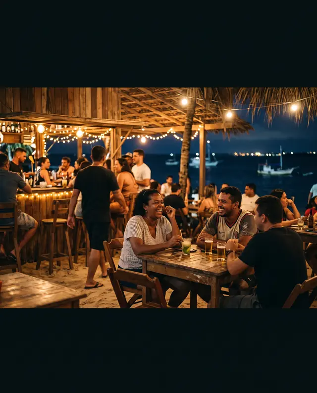 Bar de praia cheio à noite, com luzes penduradas