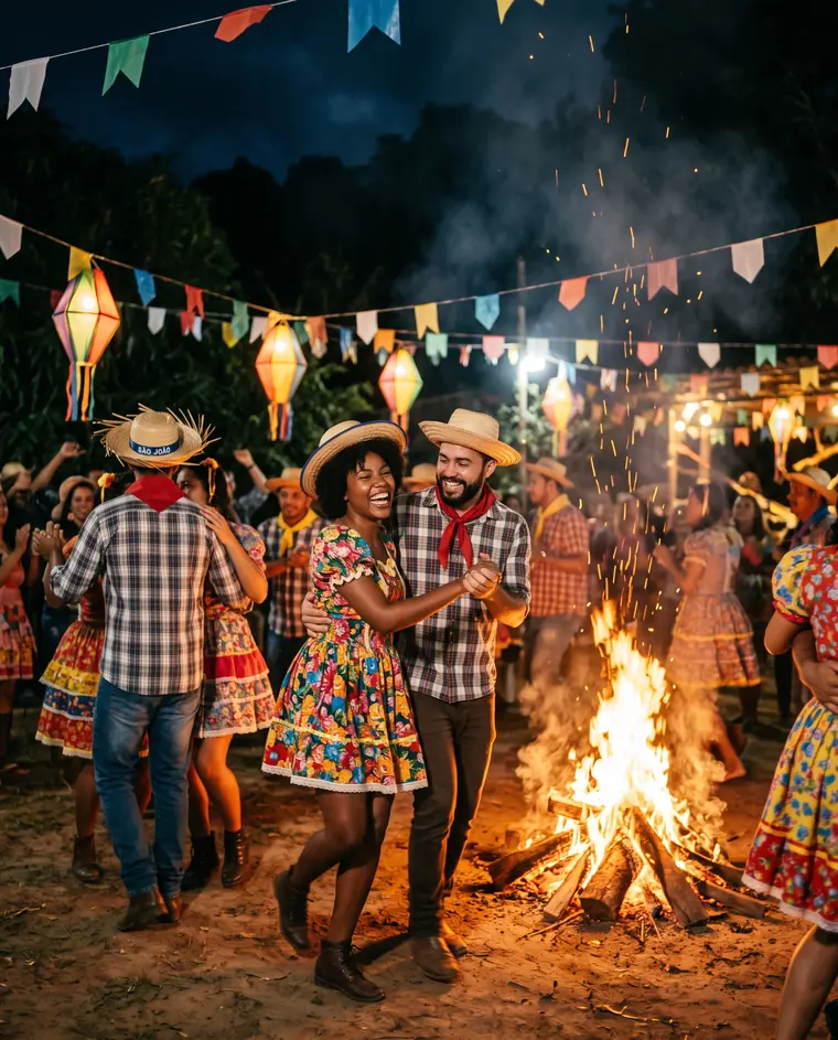 Festa junina com casais dançando em volta da fogueira