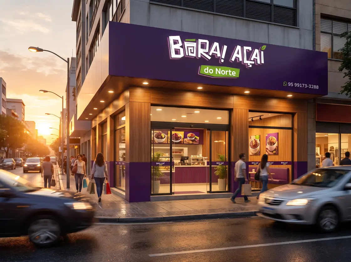 Fachada de loja de açaí numa esquina ao pôr do sol