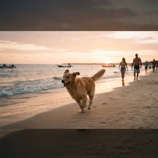 Cachorro correndo na praia ao pôr do sol