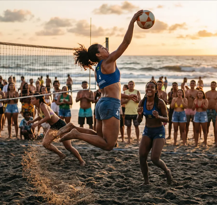 Jogadora saltando para cortar a bola no vôlei de praia